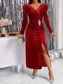 SHEIN Lady V 領高開叉天鵝絨連身裙 - 紅色 - 查看 3