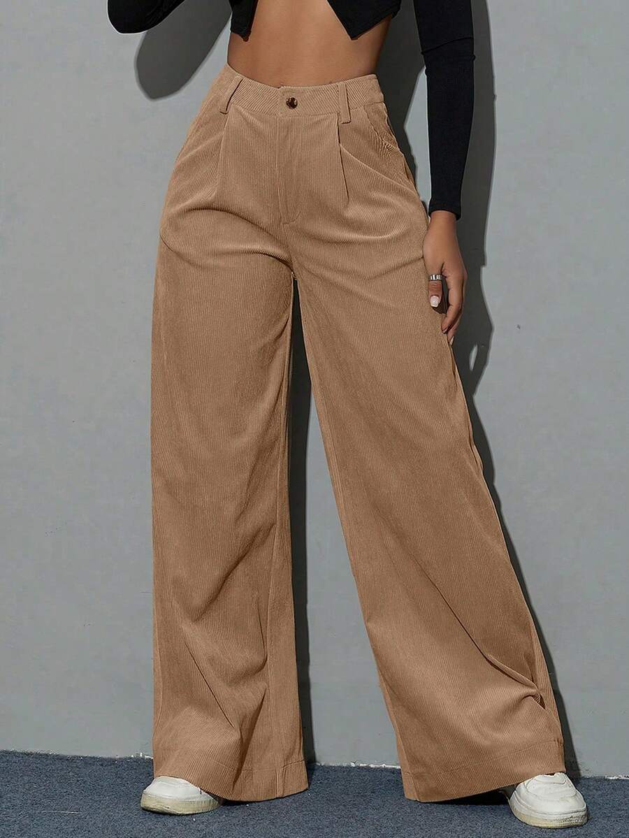 復古高腰摺紋寬鬆寬腿貨物灰垂直條紋秋季褲 - 卡其色 - 查看 1