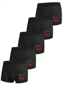 Men's Boxer Briefs With Ghost Smiling Face Design, Pack Of 5 - Black - View 1