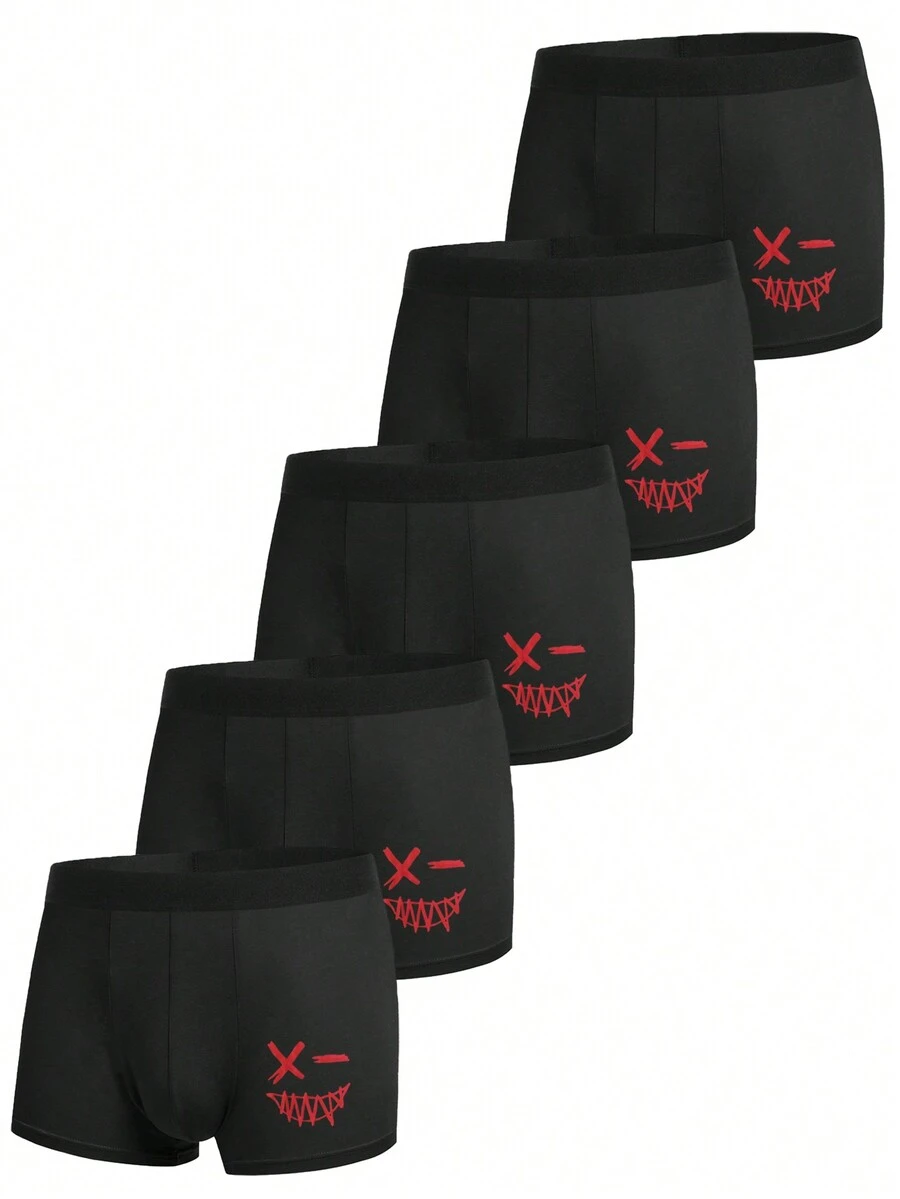 Men's Boxer Briefs With Ghost Smiling Face Design, Pack Of 5 - Black - View 1