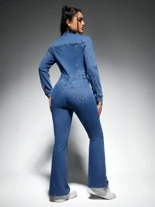 SHEIN EZwear Của phụ nữ Tay áo dài Denim Bùng nổ Áo liền quần - Rửa trung bình - Xem 3