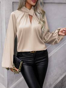 SHEIN Clasi Blusa De Manga Farol Con Cuello De Cerradura - Albaricoque - Ver 7
