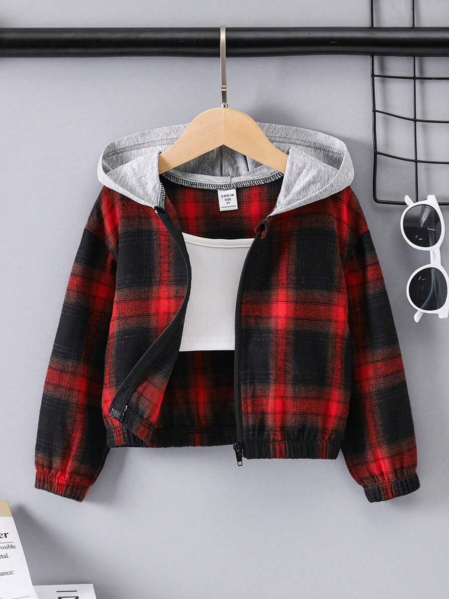 SHEIN 女童休閒紅黑格紋連帽短拉鍊外套春秋 - 黑色 - 查看 1