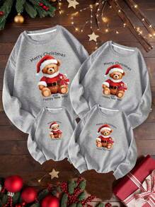 SHEIN EZwear 1 Miếng Lá thư & Hoạt hình In Lỏng lẻo phù hợp Vòng cổ Áo nỉ - Xám - Xem 1