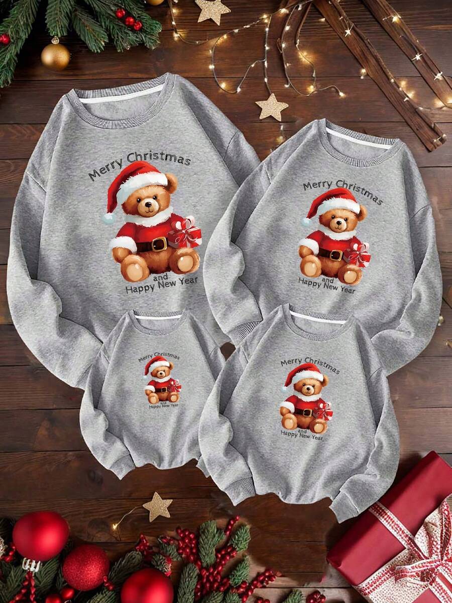 SHEIN EZwear 1 Miếng Lá thư & Hoạt hình In Lỏng lẻo phù hợp Vòng cổ Áo nỉ - Xám - Xem 1