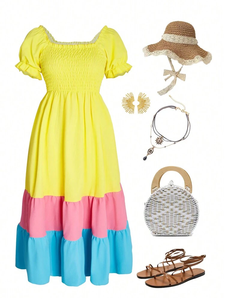 1pc Girls' Color-Blocked Puff Sleeve Dress For Spring/Summer