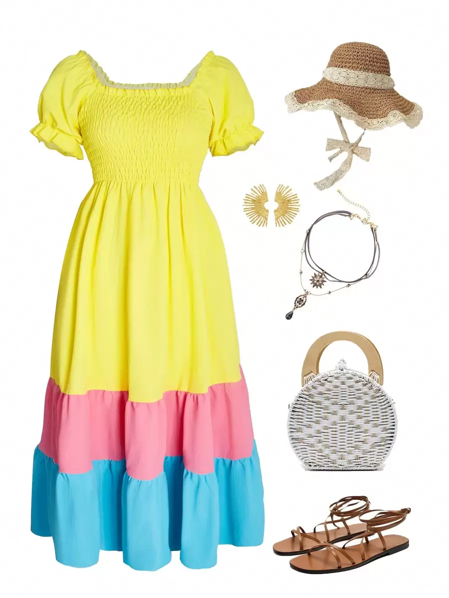 SHEIN 1pc Girls' Color-Blocked Puff Sleeve Dress For Spring/Summer - Yellow - View 1
