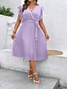 Franclia Plus Size Plain Ruffled Hem Belted Dress With A Belt - Purple - View 1