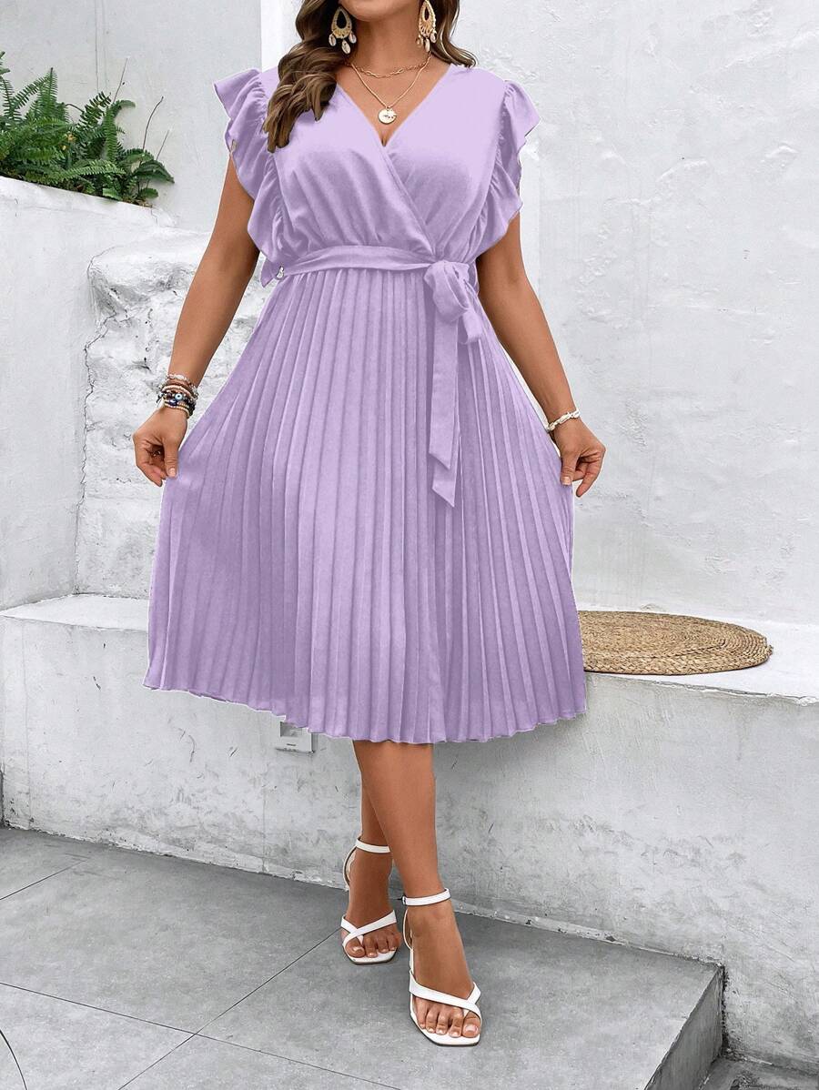 Franclia Plus Size Plain Ruffled Hem Belted Dress With A Belt - Purple - View 1