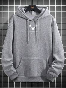 Manfinity Homme 寬鬆款男士鹿及字母印花帽衫,帶有袋和拉繩 - 淺灰色 - 查看 3