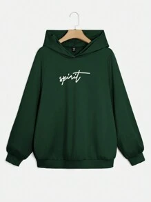 SHEIN EZwear 两件套加大码橄榄绿色字母印花连帽卫衣和慢跑裤套装 - 墨綠色 - 查看 3