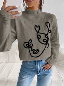 RueChic Figure Pattern Mock Neck Drop Shoulder Sweater - Camel - View 1