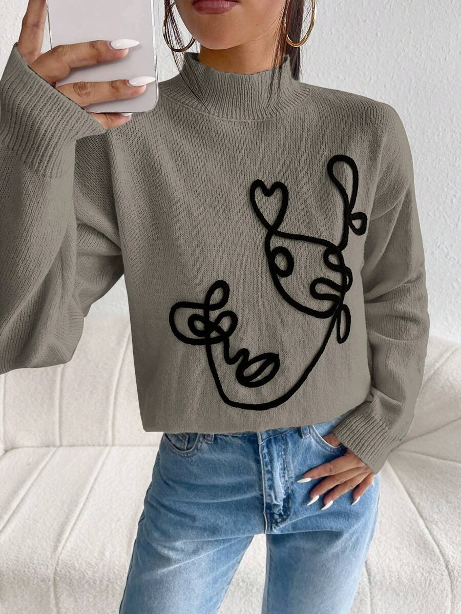 RueChic Figure Pattern Mock Neck Drop Shoulder Sweater - Camel - View 1