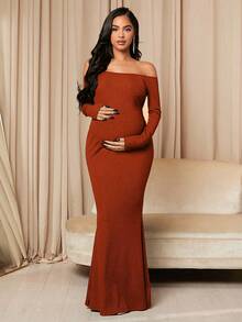 SHEIN Maternity Off Shoulder Long Sleeve Bodycon Dress - Rust Brown - View 3