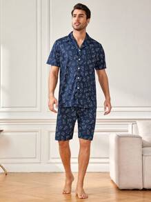 Conjunto Completo De Ropa De Casa Con Estampado Para Hombres - Azul - Ver 3