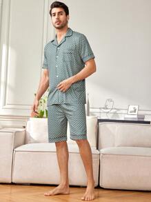 男士字母印花短袖家居套裝 - 藍色 - 查看 3