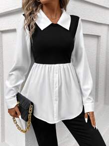 SHEIN Clasi Women's Color Block 2 In 1 Top - Black and White - View 4