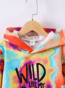 2入組幼兒女孩染色字母印花絨毛連帽衫和褲套裝,秋冬季 - 黃色 - 查看 4