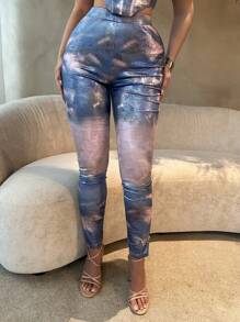 SHEIN SXY Quần legging nhuộm tie-dye cho nữ, thích hợp cho mùa xuân hè, tiệc độc thân, kỳ nghỉ xuân, sinh nhật, ngày Valentine, gợi cảm, chất liệu kim loại. - Màu xanh lam - Xem 7