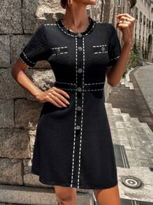 Knit Mix Crew Neck Waisted Sweater Dress (Pattern Randomly Assorted) - Black - View 4