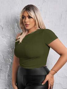 SHEIN SXY Kích thước lớn Bất đối xứng Đường viền cổ áo Áo thun Với Chi tiết xếp nếp - xanh quân đội - Xem 4