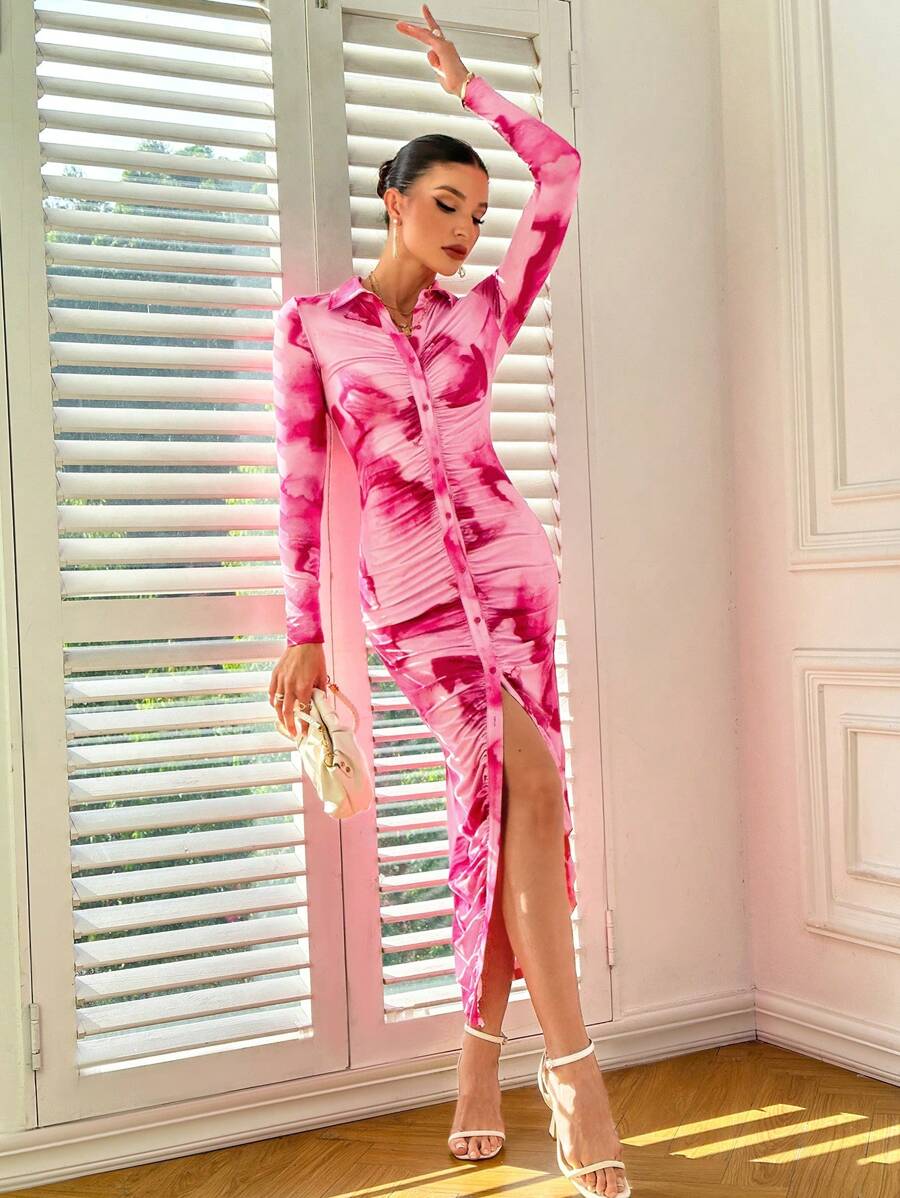 SHEIN Privé Tay áo dài Nút Lên Xếp li Đầm - Màu Hồng Tươi - Xem 1