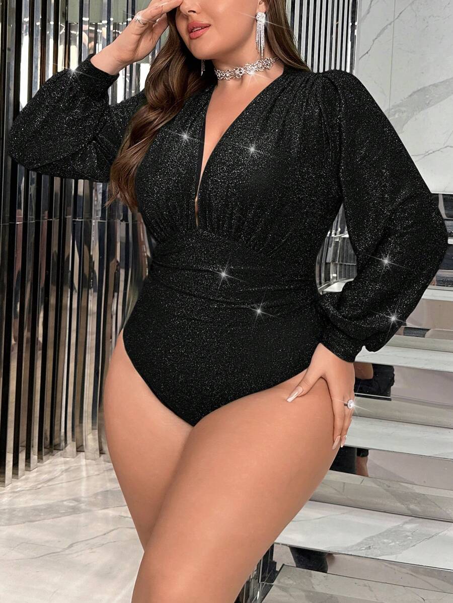 SHEIN Privé 大码女式闪光灯笼袖紧身衣,适合冬季 - 黑色 - 查看 1