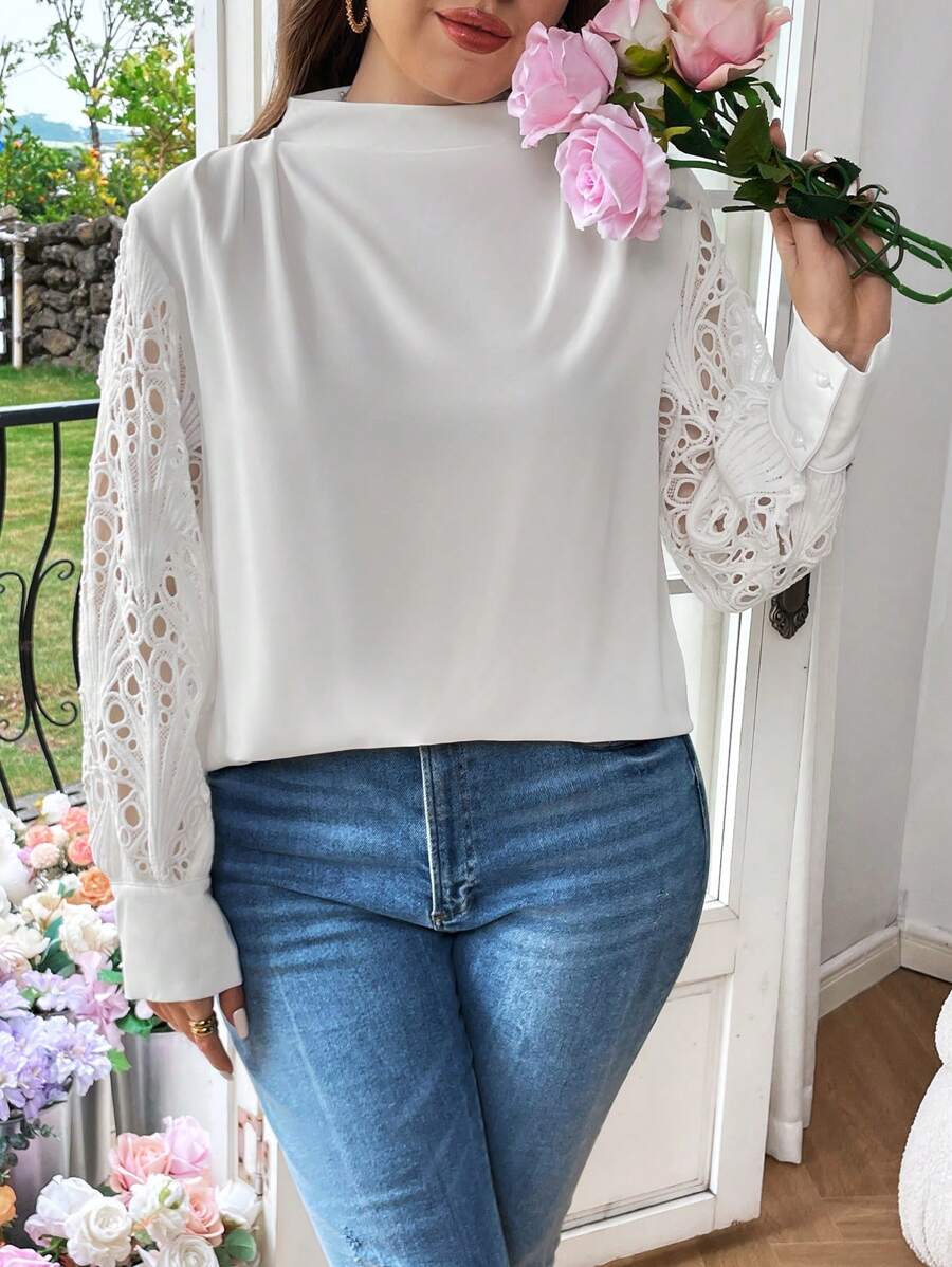Flirla Plus Size Women's Stand Collar Lace Patchwork Shirt Fall Cloth For Women - White - View 1
