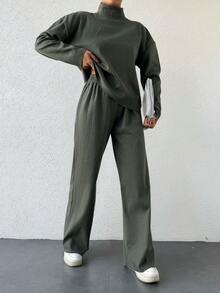 女士純色肋紋針織毛衣兩件套裝 - 軍綠色 - 查看 5