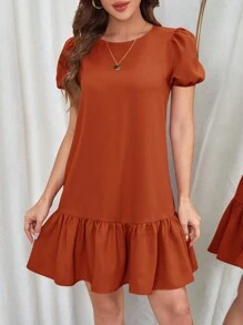 SHEIN VCAY 荷葉邊下擺泡泡袖連身裙 - 鏽棕色 - 查看 5