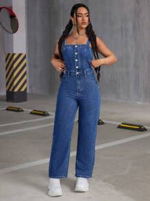 SHEIN ICON 水洗牛仔連身褲 - 深色水洗藍 - 查看 1