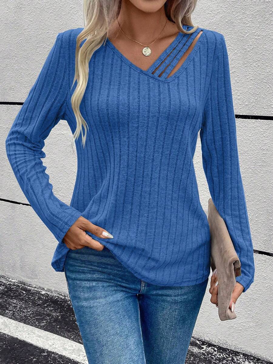 EMERY ROSE Camiseta Ahuecada Con Cuello Asimétrico De Punto Acanalado De Color Liso - Azul - Ver 1
