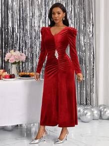 SHEIN Lady V 領高開叉天鵝絨連身裙 - 紅色 - 查看 4