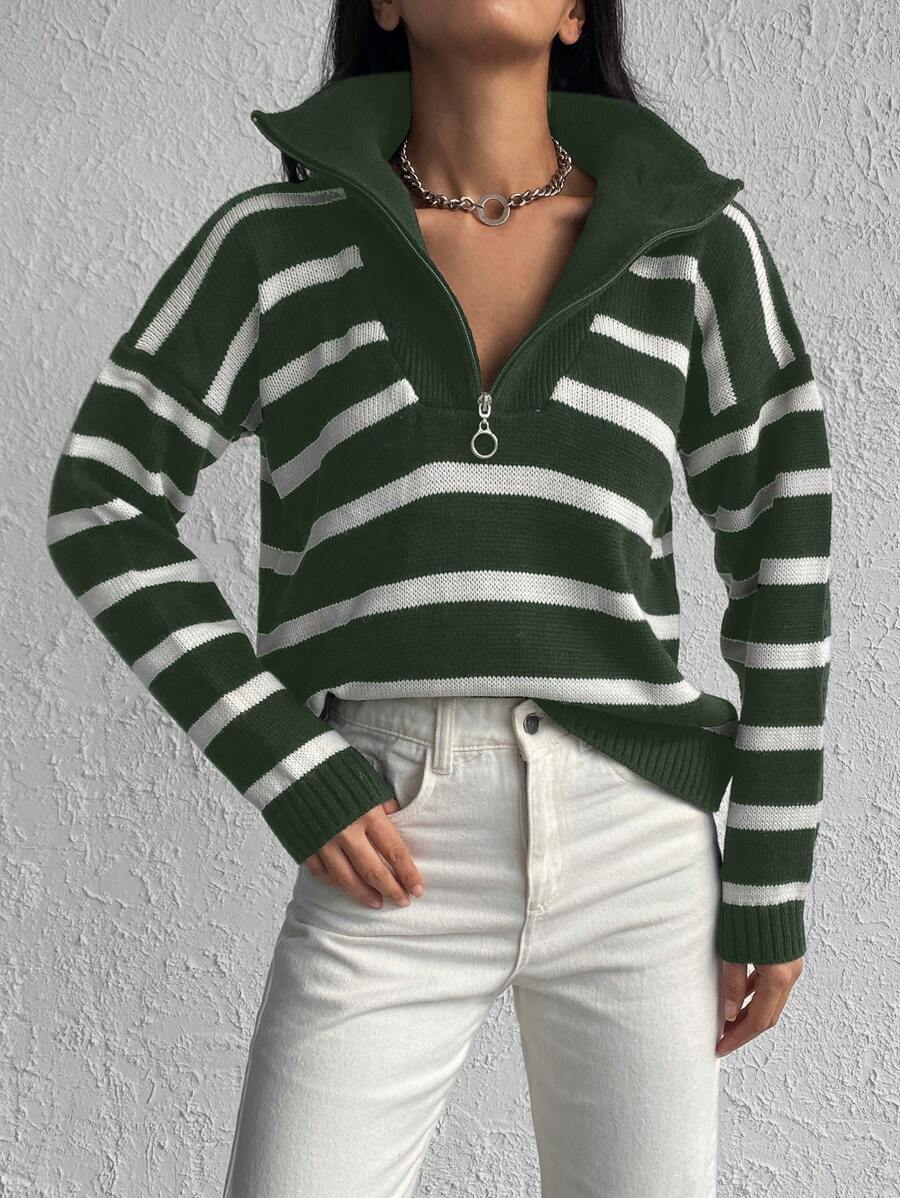 SHEIN Cottnline 女性條紋下襬立領套頭毛衣 - 卡其色 - 查看 1