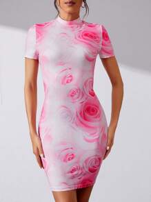 SHEIN Tall Của phụ nữ Thon gọn In hoa Đứng cổ áo Đầm - trắng - Xem 7