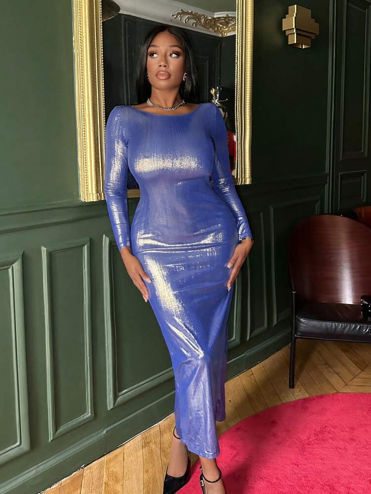 Mid-Back Smocked Backless Lace-Up Slim Fit Pu Dress