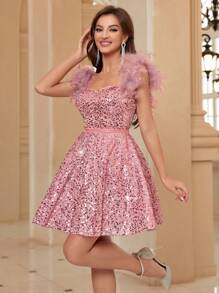 SHEIN Belle Vestido corto de cóctel de línea A para mujer con tirantes y dobladillo con lentejuelas, elegante vestido de graduación, boda o fiesta, para cumpleaños, graduación, regreso a casa - Rosa - Ver 7