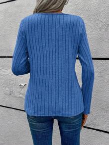 EMERY ROSE Camiseta Ahuecada Con Cuello Asimétrico De Punto Acanalado De Color Liso - Azul - Ver 2