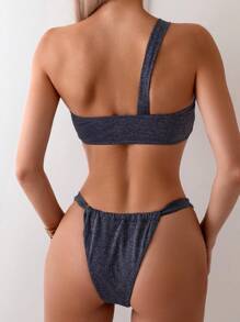 SHEIN Swim Summer Beach Ladies' Sparkly Bikini Set - Navy Blue - View 2