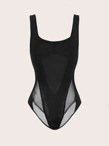 SHEIN ICON Mesh Splicing Bodysuit - Black - View 3
