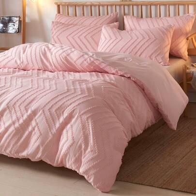 3 Piezas Juego de Ropa de Cama con Diseño Geométrico a Rayas en Tono Rosa (1 Funda Nórdica + 2 Fundas de Almohada, Sin Relleno), Juego de Ropa de Cama Suave de Diseño Bicolor para Dormitorio y Habitación de Invitados