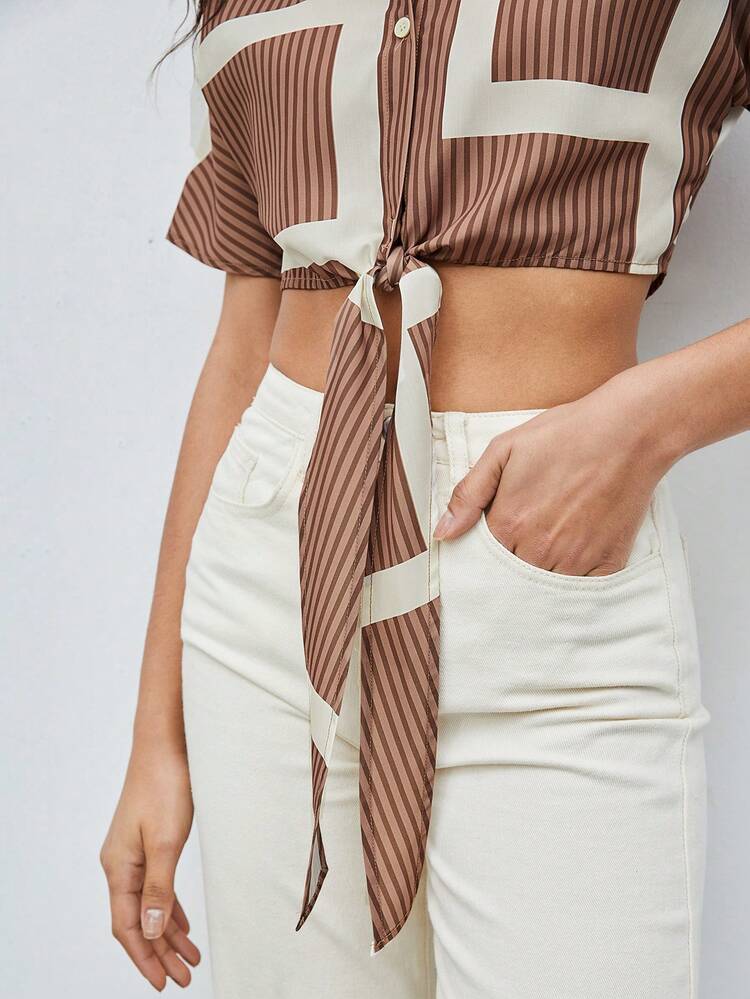 Knot Hem Short Striped Shirt