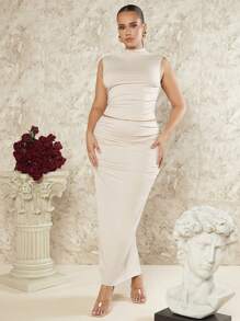 SHEIN BAE Plus Size Women's Knitted Basic Small Stand Collar Vest And Long Skirt Two Piece Set - Beige - View 1