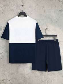 Manfinity Sporsity Hombres talla grande Shorts con camiseta de hombros caídos con estampado de letra de color combinado