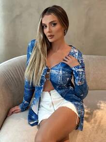 SHEIN SXY Jaqueta Efeito Denim Feminina Primavera Verão Mulheres Festa de Despedida de Solteira Férias da Primavera Dia dos Namorados Tecido Metálico Sexy - Azul - Visão 4