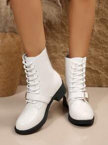 女性新款時尚光澤系帶靴,純白色短靴和踝靴適用於全年四季