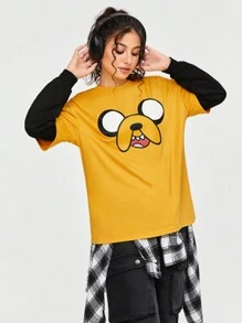 ADVENTURE TIME X SHEIN 卡通图案圆领黄色可爱 T 恤