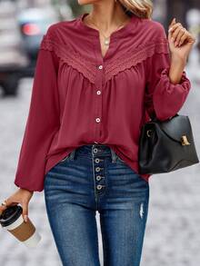 SHEIN Clasi Của phụ nữ Tay áo dài Tay áo lồng đèn Ren Vá lại Áo sơ mi - Màu Đỏ Sâu - Xem 3