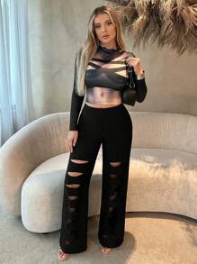 SHEIN SXY Solid Color Ripped Jeans Cargo Jeans Baggy Jeans Spring Summer Women Bachelorette Party Spring Break Birthday Valentine Day Sexy - Black - View 1
