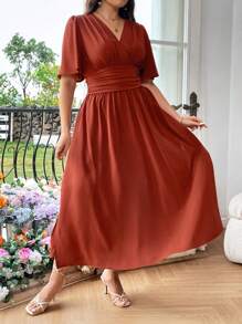 Franclia Plus Size Solid Color Cinching Waist Split Side Dress Maxi Women Outfit